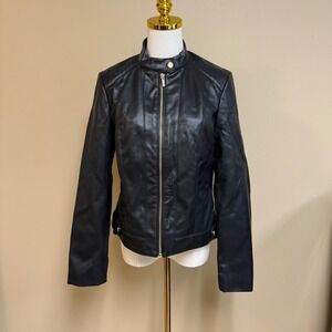 Cole Haan Signature Black Faux Leather Moto‎ Jacket Women's Small Zip Front